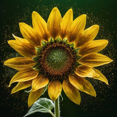 A depiction of a blooming sunflower bursting with Kinetic Chromatic Dispersion. Utilize vibrant hues of amber and green as light refracts through a whirlwind of particles, creating a sense of motion and energy.