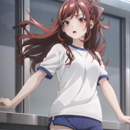 1girl, <lora:IdCSKaedeLORA_v1:1>, idcskaede, gym uniform, white shirt, shorts, gym shirt, gym shorts, blue shorts, short sleeves