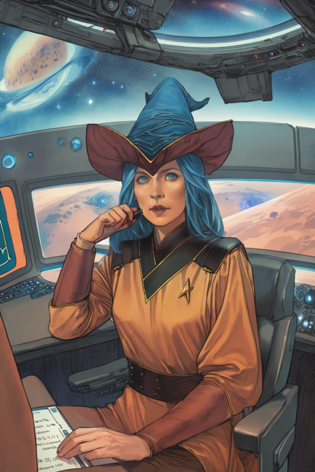 masterpiece, best quality, a professional photograph with soft focus of a gorgeous ukrainian elven female witch wearing a witch hat and a star trek uniform sitting on the command chair in a spaceship cockpit, planet mars visible on the monitors