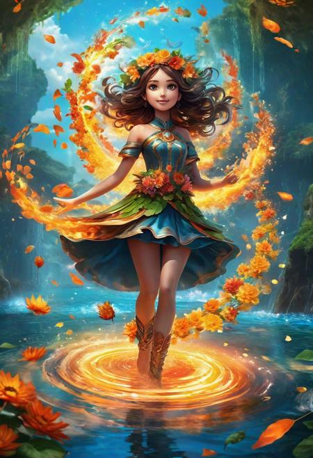 Surreal, future, a cute little girl with big eyes, slim face, happy expression, glowing body, wearing a costume made of flowers and leaves, with a background of water and fire, magical and complex, a vortex forming under her feet, flying, in the air There are ethereal elements floating, mysterious,