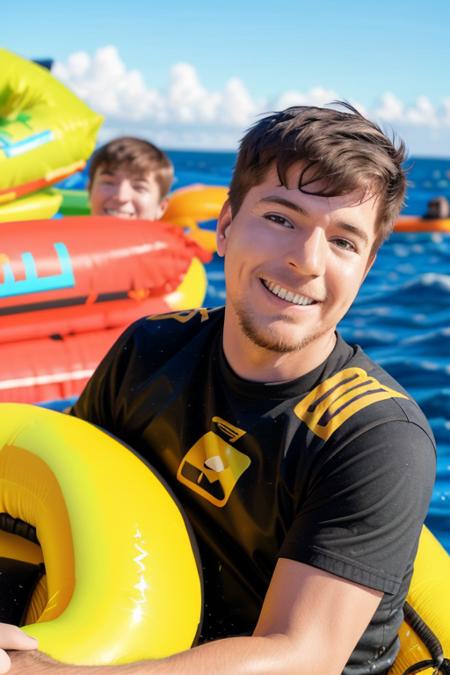 a man on an inflatable raft at sea, holding up his arms, island paradise in the background, smiling, [upper body], (close up:1.2), ((candid, amateur)), (raw, 8k, uhd, fujifilm xt3), <lora:mrBeast:1>