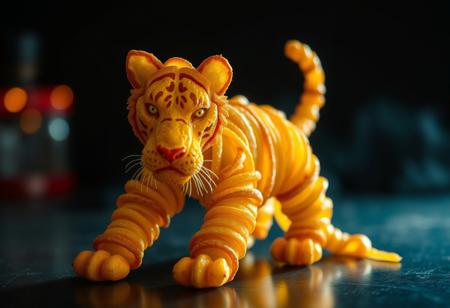 tigre formado por patatas fritas, colores vibrantes, aspecto tranquilo,  fondo oscuro, primer plano, iluminacion derecha, cuerpo de patatas, cortadas, rodajas, sentado mirando a la camara, fotografia cinematografica. Mas definicion de las patatas fritas mejorar el aspecto