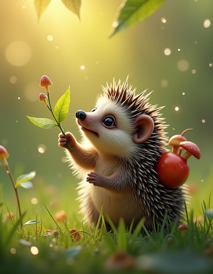 A cute hyperrealistic scene where a little hedgehog reaches for a drop of dew hanging on a blade of grass. The hedgehog has sad big golden eyes, a black wet nose and a small red tongue. He tries to lick the drop of dew with his tongue. The hedgehog has several leaves, one mushroom and an apple stuck to his back on his spines. The hedgehog's fur is shaggy and wet in places, because he ran on wet grass. There is green wet grass around and the morning sun's rays are reflected in every drop of water. Close-up, super detailed.