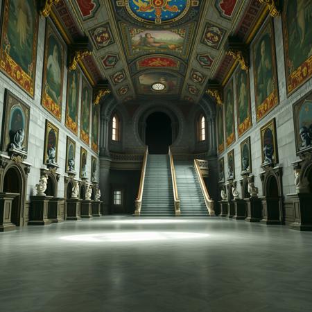 A liminal space inside Peach’s Castle from Super Mario 64. The grand hall is vast and empty, the walls adorned with faded tapestries and statues that seem to stare blankly into space. The floors are cold, the sound of footsteps echoing unnervingly through the stillness. The once vibrant and lively space feels abandoned, with no people, no sounds, and only the weight of silence hanging in the air. The grand staircase leads up into darkness, and the sense of solitude is overwhelming, as if time has stopped and the castle itself is forgotten.