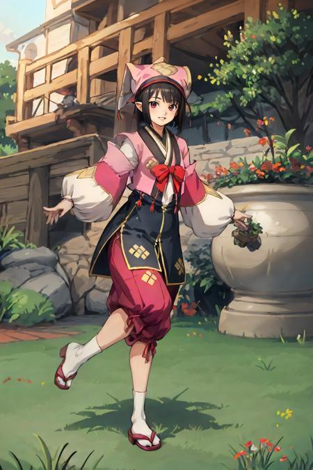 1girl, solo, full body, smile, grass, greenery, konaha, japanese clothes, hat, red bow, puffy sleeves<lora:monster_hunter_konaha-34:0.8>