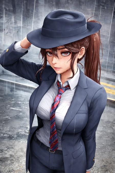 realistic, detective woman, zoot-suit, fedora hat, tie, godrays, raining, wet clothes, serious face, ponytail, wet hair