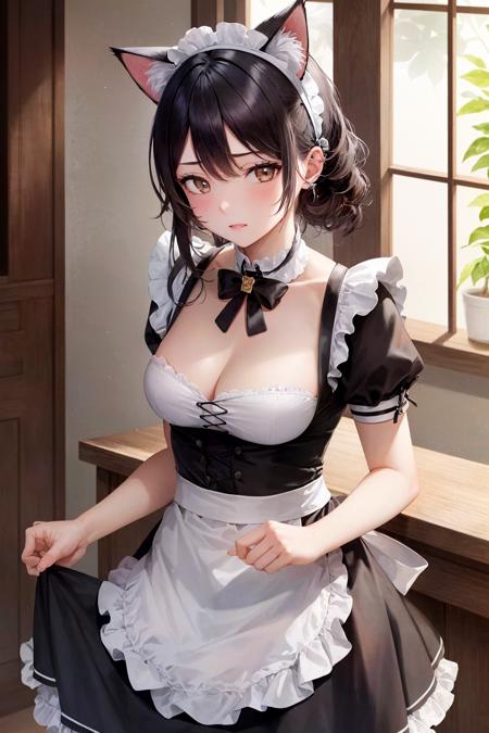 masterpiece, best quality, ultra-detailed, beautiful lighting, 1girl, cat ears, cat tail, maid