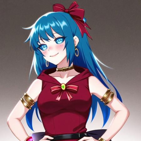 <lora:black_sclera3:1.0> , black_sclera, colored sclera, 1girl, armband, armlet, bangs, bare shoulders, belt, black feathers, blue eyes, blue hair, blush, bow, bowl, bracelet, breastplate, brooch, brown ribbon, cranberry, dress, feathers, food, fruit, gem, glint, gradient, gradient background, grey background, hair ribbon, hand on hip, head tilt, highres, hood, hood down, hoshikuzu \(x-pinkie-x\), jewelry, looking to the side, neck ring, plaid, plaid bow, pointing, red bow, ribbon, sapphire \(stone\), simple background, sleeveless, sleeveless dress, smile, solo, standing, sushi, wrist cuffs