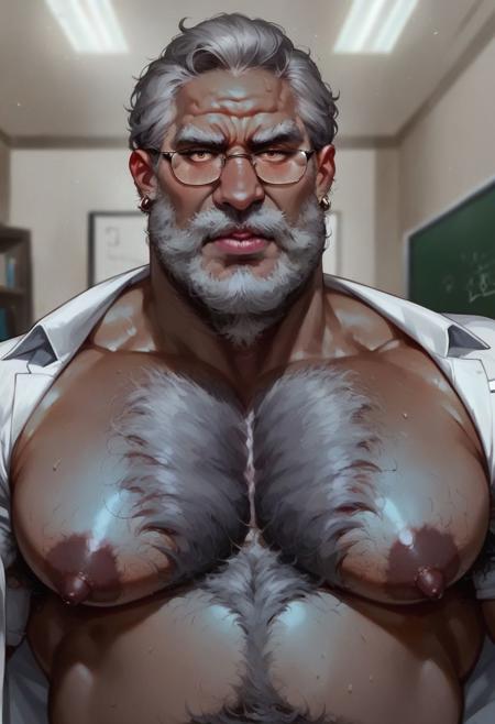 score_9, score_8_up, score_7_up, score_6_up, closeup of stern serious male grandpa boss teacher master dominant (old_man, mature, broad face with big jaw and chin, ugly man, professor glasses, tanned skin, gray hair, gigantic fat pecs chest with huge nipples, fat belly, wide hips, doublechin, hairy arms, fat hairy chest, in office leaning on wall next to table looking at viewer, he is wearing a black vneck shirt and golden jewellery,  flirty and tense romantic atmosphere, alone, (((portrait closeup, lustful flirty arrogant expression, extremely manly, chubby old hairy man, dense intricate fine bodyhair))), (realistic oilpainting, extremely manly)