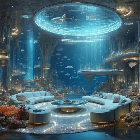 underwater_habitat, transparent_dome futuristic, sci-fi ocean_floor, exploration_suits, holographic_consoles, floating_seating, coral formations, bioluminescent_fish manta_ray octopus, volumetric_lighting, realistic