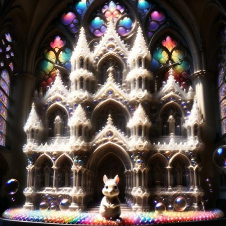 Gothic detail enhancer, highly detailed, an ancient cathedral made entirely of shimmering rainbow bubbles, where a squirrel choir in velvet robes sings “Pop Goes the Gospel,” sunlight through bubble-stained glass, pun: “Holy Bubblelisk”