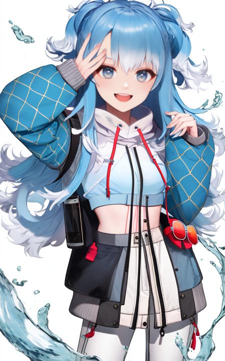 (best quality), (masterpiece), [soft lighting], absurdres, 8k, looking at viewer, (character focus:1.3), 
1girl, kobo kanaeru, solo, virtual youtuber, blue eyes, long hair, blue hair, sunglasses, sleeves past wrists, multicolored hair, eyewear hang, smile, open mouth, pants, hood, white background, looking at viewer, sleeves past fingers, tinted eyewear, white pants, navel, eyewear removed, midriff, crop top, cropped hoodie, simple background, bangs, long sleeves, jacket, water, drawstring, hoodie, liquid hair, red-tinted eyewear, arm up, see-through, white hair, cropped jacket, white jacket,
<lora:KoboKanaeru:0.85>
 <lora:GoodHands-vanilla:1>