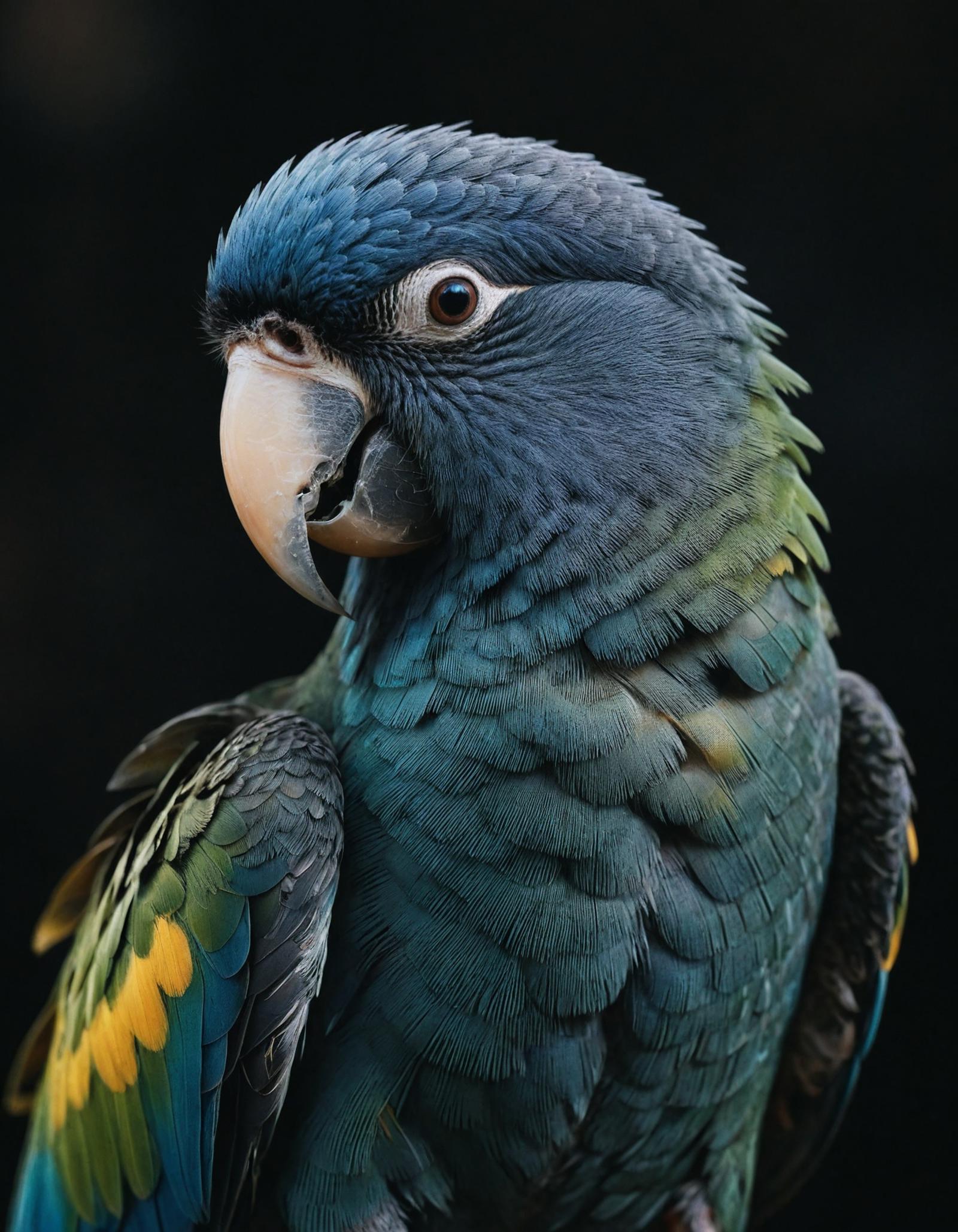 Blue Parrot with Black Beak and Yellow Spot on Wing.