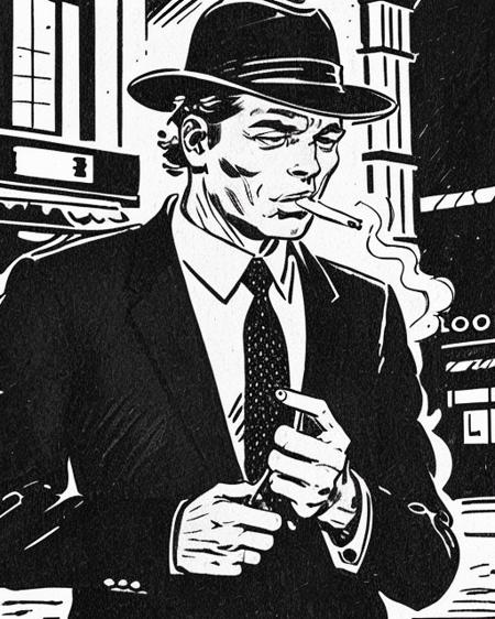 <lora:carlosgimenez:1> gimenez black and white drawing close portrait of a detective wearing trilby and 1950s suit, lighting a cigarette in a dark city street, cinematic angle