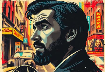 Rendered in bold, expressive pop-art style with halftone textures, this extreme photorealistic full body captures a print of the profile of a gangster. His exquisite face is delicately crafted—porcelain-smooth. His natural black hair cascades in a sharply cut bob. beard,graffiti background. many colors, old poster. old car. old city. 1954 stile. peeky blinder, oldtimer, new york
