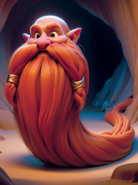 3d pixar style, a peculiar dwarf-like being with a head and features typical of a dwarf, but their body is entirely composed of a flowing, long red beard, sleeping, laying down,  braided moustache, gold bangles, They have no visible arms, torso, or legs, in a cave, goblins in the background, <lora:Harry_Dwarf:1>