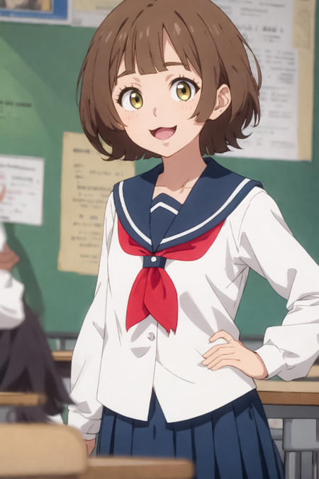 avant-title_cat_girl, :3, yellow eyes, brown hair, short hair, 1girl, solo, serafuku, blue_sailor_collar, blue_skirt, red_neckerchief, pleated_skirt, indoors, classrooms, cowboy shots, From above, hands on hips, smiling, mouth open, cheeks flushed, fun, highest quality, masterpiece, proud, bright eyes,, looking at the viewer, lustrous hair, lustrous skin,