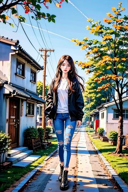 <lora:mn_20231013145446:0.9>,<lora:å¤è¡é:0.7>,mn,(1girl:1.3),look straight into the camera,jeans,full body,gujiedao,no humans,tree,scenery,outdoors,grass,house,power lines,road,traditional media,day,utility pole,building,sky,wide-angle lens,