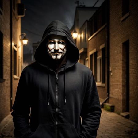 A highly detailed portrait of a person wearing a realistic Guy Fawkes mask (Anonymous mask), centered and facing forward, with moody, cinematic lighting. The background is dark and minimalistic, possibly a dimly lit urban alley or digital matrix-style background with faint binary code or glitch effects. The character is wearing a sleek black hoodie or cloak, with subtle futuristic textures. The eyes behind the mask are barely visible or glowing faintly, adding to the mystery. The image has a high-resolution, digital art style, with sharp contrast between the shadows and the highlights on the mask. Atmospheric effects like light fog, subtle particles, or digital distortion enhance the cyber-anonymous vibe. Portrait framing, focus on the mask, dramatic ambiance.