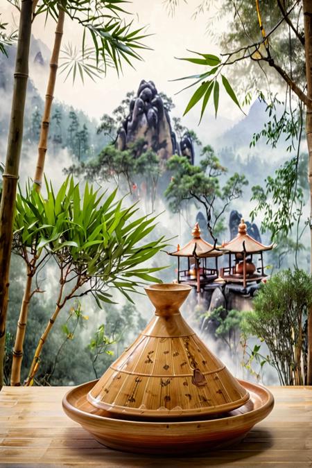 A centrally positioned, an asian monk holding a bamboo Tagine, set against a backdrop of a misty forest with distant mountains. The composition is serene with soft, diffused lighting, evoking an Asian aesthetic.