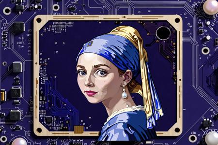 3l3ctronics, (((Girl with a Pearl Earring
made merged into PCB traces))), capistors, transitors space dark blue and purple backdrop