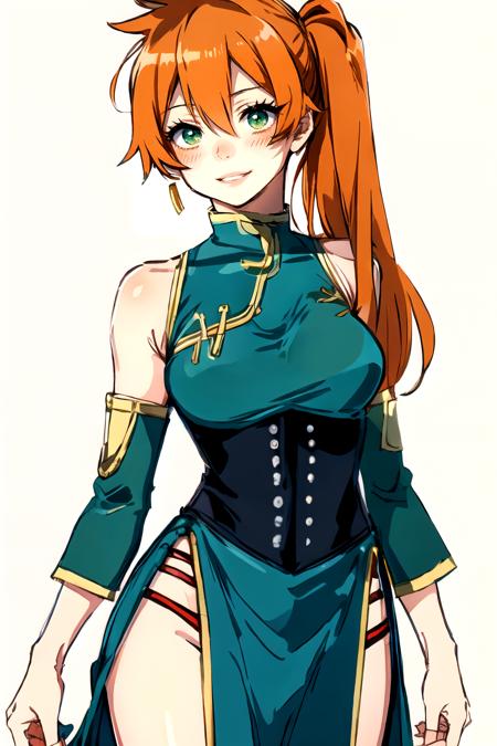 kendou itsuka,  large breasts, bare shoulders, white background, green eyes, chinese clothes, dress,  sleeveless, china dress, hair between eyes, 1girl, green dress, orange hair, sleeveless dress,side ponytail, blush,  detached sleeves,  long hair, simple background, cowboy shot, solo,smile, parted lips <lora:kendou_itsuka:1>