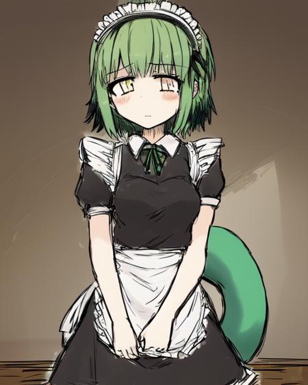 <lora:BlackSouls:0.8>
1girl, short green hair, black hairband, maid uniform, yellow eyes, green tail