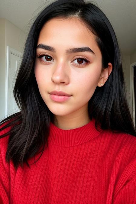 score_9, score_8_up, score_7_up, 1girl, Instagram photo, full face, black hair, red sweater, detailed eyes, natural skin