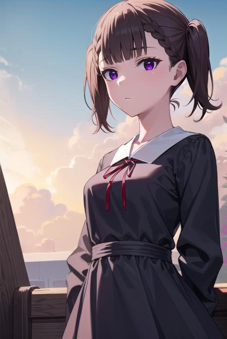 makishijou, <lora:makishijou-lora-nochekaiser:1>,
maki shijou, bangs, blunt bangs, (purple eyes:1.1), twintails, two side up, braid, short twintails,
BREAK long sleeves, dress, ribbon, school uniform, black dress, red ribbon, neck ribbon, collared dress, shuuchiin academy school uniform,
BREAK outdoors,
BREAK looking at viewer, (cowboy shot:1.5),
BREAK <lyco:GoodHands-beta2:1>, (masterpiece:1.2), best quality, high resolution, unity 8k wallpaper, (illustration:0.8), (beautiful detailed eyes:1.6), extremely detailed face, perfect lighting, extremely detailed CG, (perfect hands, perfect anatomy),