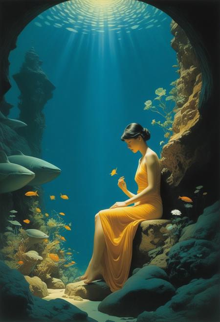 Curiosity, fascination, phosphorescence Artists: Mann, Gammell, Kley, Goldin, Gerome, Quentin Blake, Damien Hirst, Hajime Sorayama, Anne Bachelier, Gibson, Rockwell, Seagrave, Alberto Vargas, N.C. Wyeth, beksinski, Parrish Style: American Realism Color Palette: warm Vibrant, Parrish blue Techniques: impasto Details: idyllic, innocence, fractalize