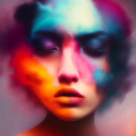 Woman from colourful fog , face