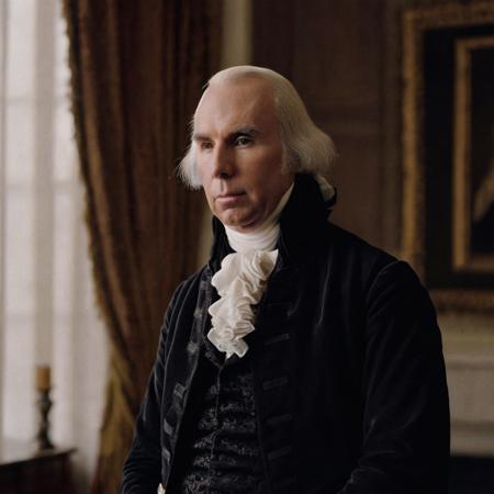 front shot, portrait photo of (( James Madison)) , looks away, natural skin, skin moles, cozy interior, 17th century attire, (cinematic, film grain:1.1)