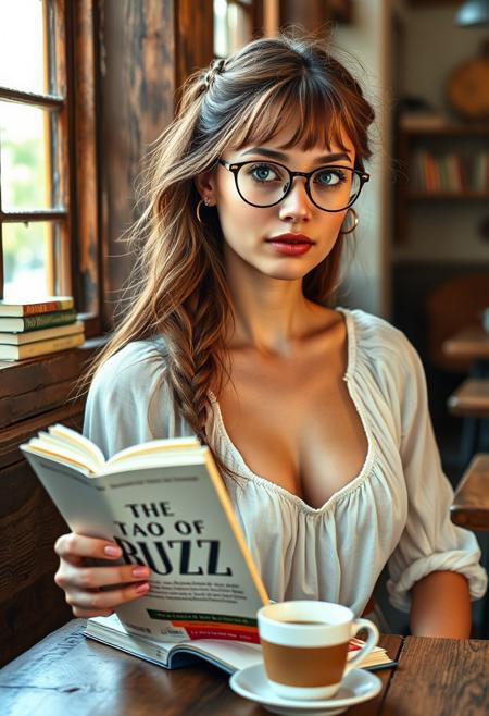 score_9, score_8_up, score_7_up, hyperdetailed, hyperrealistic, masterpiece, best quality, (masterpiece:1.3),high-definition, intricate details, volumetric lighting, cinematic photo, 
1girl, solo, 21 year old woman, college aged woman, skinny woman, cute hippie woman, frameless round glasses, symmetrical narrow face, level eyes, skin pores,
narrow face, long wavy slightly disheveled brown hair, long highly detailed hair with a couple of small braids bangs and loose strands of hair framing face, full pouty lips, lips parted, mouth slightly opened:0.7, large full round breasts:1.9, busty, white peasant blouse with scoop neckline, cleavage:0.8, simple diamond stud earrings, highly detailed bright blue eyes, button nose, 
Extremely high-resolution details, 
photographic, realism pushed to extreme, fine texture, incredibly lifelike, 
Sitting in an old wooden table at a local hipster coffee shop, coffee shop, wall of windows, natural window lighting, books on table, reading a book, holding a book, cover of book says “The Tao of BUZZ”:2.5, cup of coffee on the table,