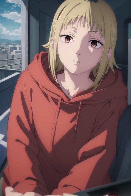 akane sawatari, short hair, blonde hair, (red eyes:1.3), hood, hoodie, red hoodie, hood down,