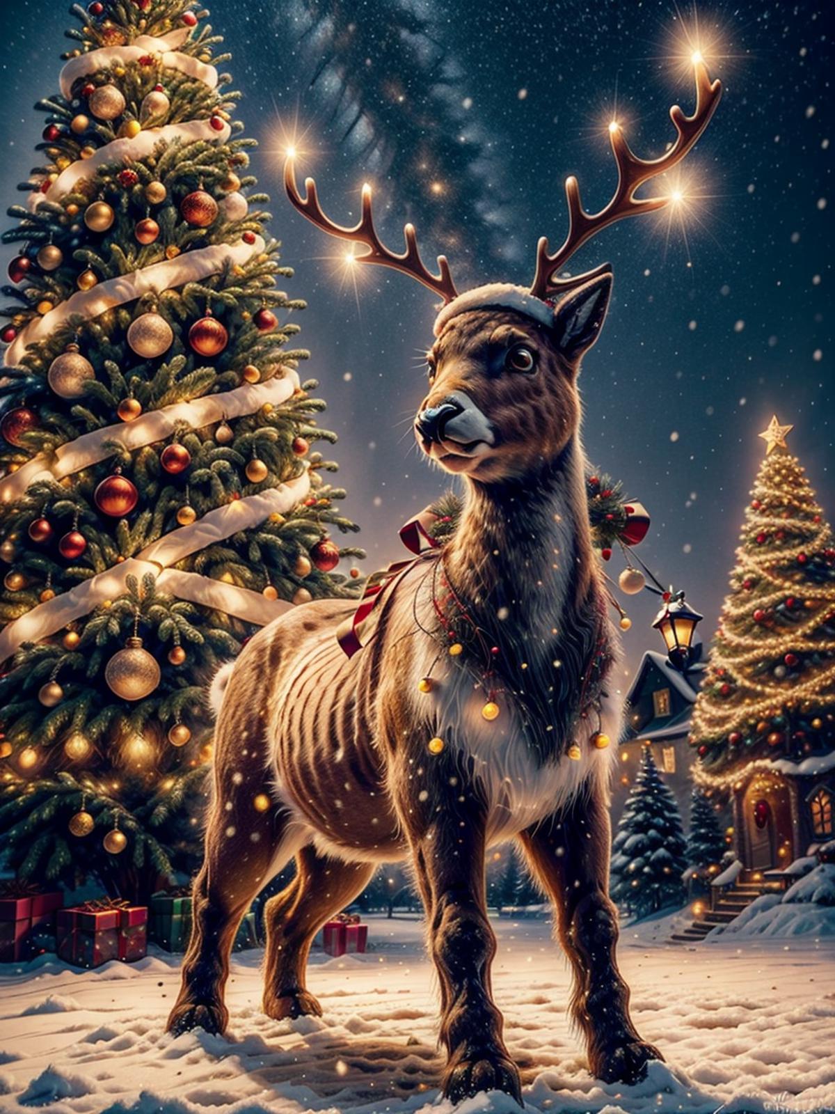 A Reindeer Standing in the Snow in Front of a Christmas Tree