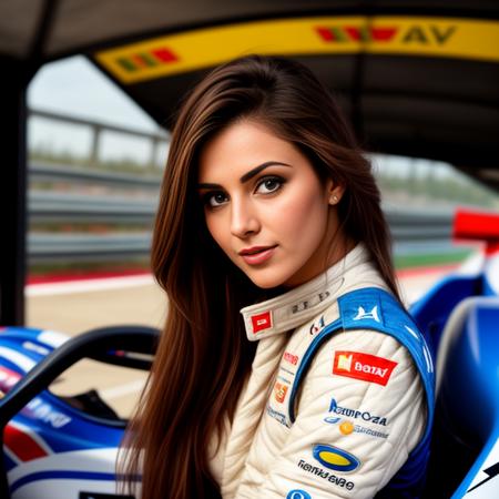 dgdressed, high resolution photo of a woman, posing as an F1 driver