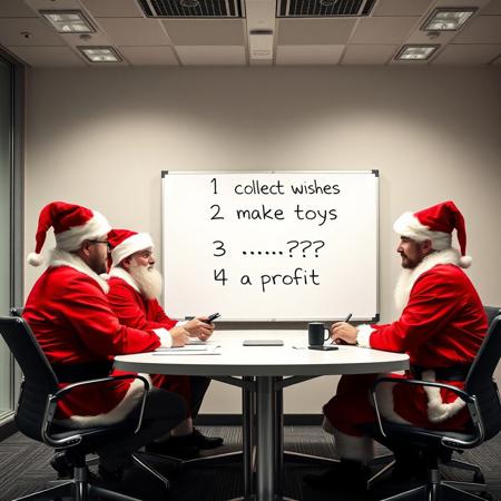 business stock photograph of business men dressed as santa's elfs in a meeting room having a business meeting, on the whiteboard we read  four lines: "1 collect wishes
2 make toys
3 .....???
4 profit"