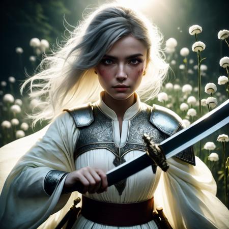 Super Closeup Portrait, action shot, Profoundly dark whiteish meadow, glass flowers, Stains, space grunge style, Jeanne d Arc wearing White Olive green used styled Cotton frock, Wielding thin silver sword, Sci-fi vibe, dirty, noisy, Vintage monk style, very detailed, hd,

