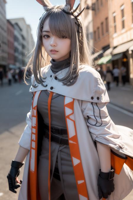 masterpiece, best quality,   <lora:frostnova:1>,
1girl,rabbit ears,hair ornament,hair clip,(grey hair:1.4), long hair,grey eyes, hair over one eye,(scar on nose:1.2),white coat,open clothes,grey dress,belt,black gloves,arm band,long sleeves,