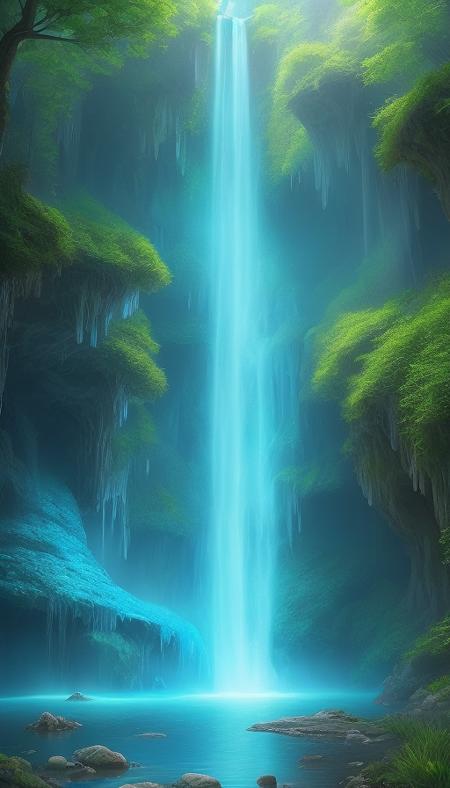 An enchanting and magical waterfall that flows from a hidden cave, with glowing crystals that illuminate the water and create a surreal and otherworldly atmosphere, surrounded by a fantastical landscape of towering trees and mystical creatures, artstation, digital painting, highly detailed, trending, vibrant colors