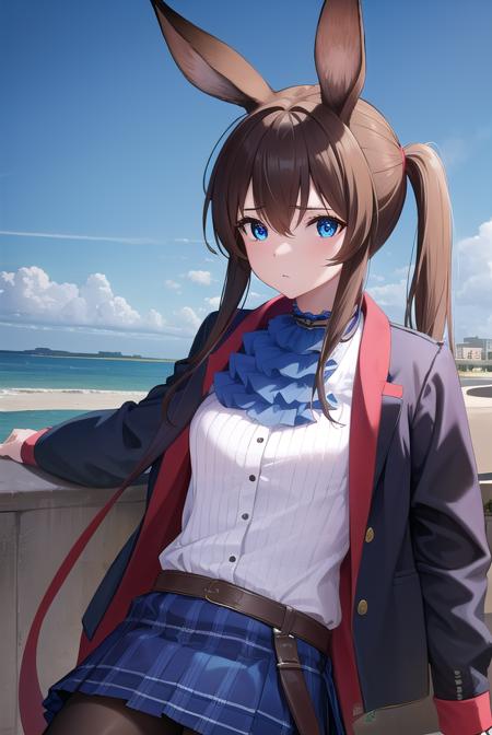 arknightsamiya, animal ears, blue eyes, brown hair, hair between eyes, ponytail, rabbit ears, rabbit girl, sidelocks, anklet, ascot, black jacket, blue ascot, blue collar, blue footwear, blue skirt, brown pantyhose, buttons, collar, jacket, jewelry, long sleeves, miniskirt, multicolored clothes, multicolored jacket, open clothes, open jacket, pantyhose, plaid, plaid skirt, pleated skirt, pocket, puffy long sleeves, puffy sleeves, red ribbon, ribbon, ring, shirt, skirt, striped, striped shirt, thighlet, two-tone jacket, vertical stripes, vertical-striped shirt, (white shirt:1.5),