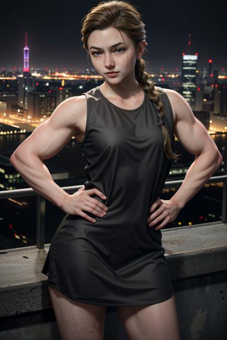 ((masterpiece, best quality))
 <lora:TLOU2Abby:0.8>
TLOU2Abby, 1girl, solo, muscular, single braid, overlooking a cityscape at night from a skyscraper, short dress, standing with hands on hips