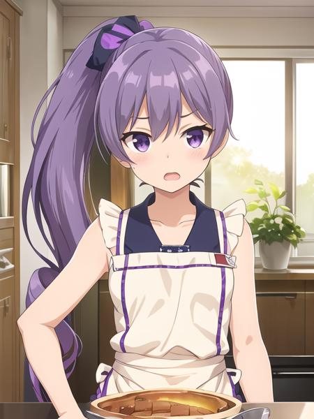 best quality, (masterpiece:1.2), highly detailed, (masterpiece), (illustration),
kitchen, indoor,
standing, (face focus:1.2), face, upper body,
nuke apron, sleeveless, frills, collarbone,
1girl, solo, long hair, purple hair, purple eyes, sparkle, lens flare, glint, eyebrows visible through hair, hair between eyes, small breasts, side ponytail,
shy, blush, (looking at viewer), open mouth,
<lora:Rio:0.7>