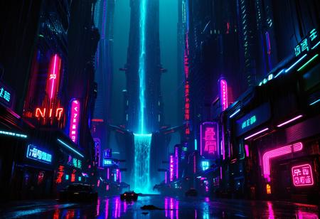 Neon noir <lora:Metroplex Base:0.4>,a city,, a futuristic city with tall buildings and a waterfall . Cyberpunk, dark, rainy streets, neon signs, high contrast, low light, vibrant, highly detailed