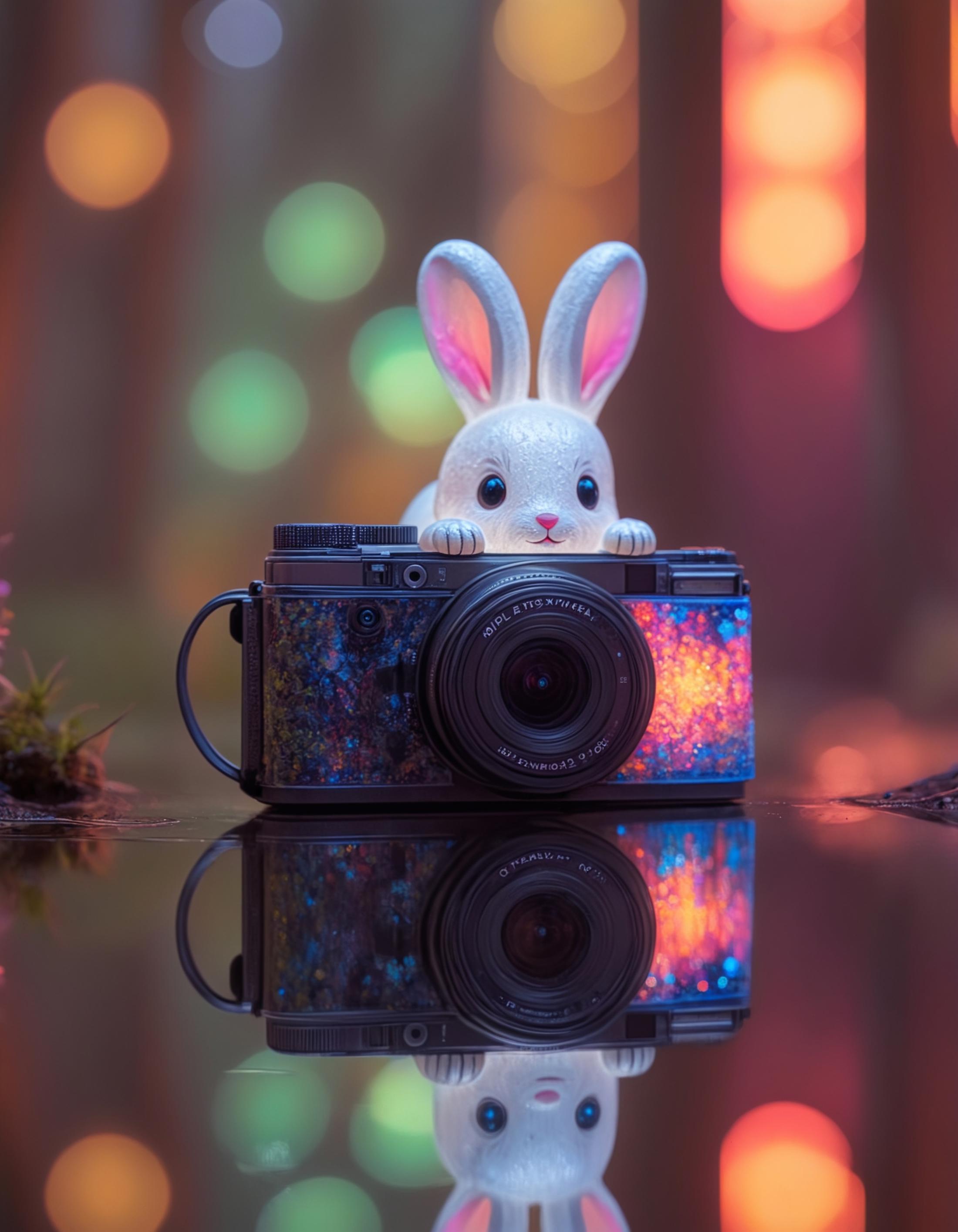 A Small White Bunny Peeking Out From Behind a Camera