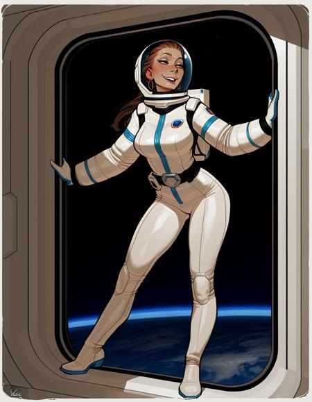 IllustriousQual, detailed face,
tall woman, milf, solo, thick build, long brown hair, hair pulled back, medium breasts, long legs, (muscular thighs:0.3),
flirty smiling, wearing a spacesuit and helmet, on a space station, posing in an airlock, view of blue planet out of window,
<lora:incaseIllustrious:0.8> incase style,