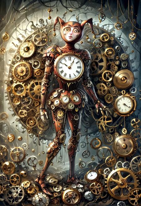 by Val Munteanu,, Val Munteanu illustration, jester costume,broken clock, old, decay, dramatic scene, highly detailed, solo, steampunk, gears, silver, gold, shining, metal, round,
 <lora:Clock_Style:0.8> clock, clock_style,