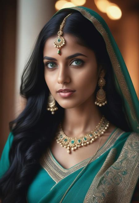 beautiful woman with long black hair, emerald blue eyes, traditional indian attire, flawless skin show her full head, show her full face, show her full body. dramatic lighting. minimalist. realistic, cinematic, photography, natural skin, delicate, detailed, photo realistic, beauty photography, 8k