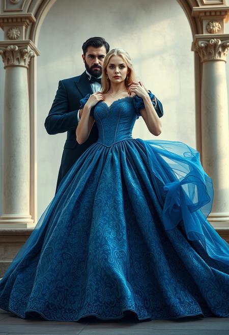 high-fashion realistic real-life intricately-detailed ethereal magical mystical iridescent historical outdoor palace castle fairytale fantasy dark-romance mid-length action-shot dynamic-posed of a sexy 18yo blonde gorgeous busty pouty-lipped most beautiful woman on earth Cinderella wearing an elegant intricate blue full-skirted historical Metropolitan-museum-of-art Victorian-era period-costume ballgown. Two extremely-tall 7' giant muscular bearded handsome dark-haired dangerous-looking criminal 30yo male-models flank her, standing behind her protectively, touching her shoulders, her waist possessively, their faces out of frame & in shadow. (highly detailed masterpiece Realistic extremely hyper aesthetic) Digital Watercolor Style mixed with realistic 35mm film, Ethereal, fluid, flowing, creating a sense of movement, lightness, dynamic-composition, professional-grade execution, Image is a book cover with a romantic historical style, featuring a woman in an elaborate, period-style gown. The dress is a blend of blue hues with intricate patterns, and the woman is positioned in a graceful pose, partially turned to the side. Her skin is fair, and she has long, wavy blonde hair cascading over her shoulders. light-art, lens-flare