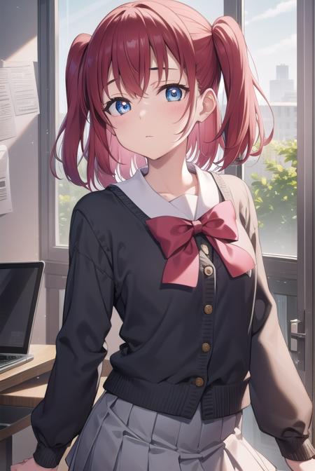 rubykurosawa, <lyco:rubykurosawa-lyco-nochekaiser:1>, 
ruby kurosawa, aqua eyes, medium hair, red hair, two side up, twintails, (flat chest:1.2), 
BREAK black socks, bow, bowtie, brown footwear, buttons, grey sailor collar, grey skirt, loafers, long sleeves, miniskirt, pleated skirt, sailor collar, school uniform, serafuku, shirt, shoes, skirt, uranohoshi school uniform, white shirt, winter uniform, yellow bow, yellow bowtie,
BREAK looking at viewer, 
BREAK indoors, classroom, 
BREAK <lyco:GoodHands-beta2:1>, (masterpiece:1.2), best quality, high resolution, unity 8k wallpaper, (illustration:0.8), (beautiful detailed eyes:1.6), extremely detailed face, perfect lighting, extremely detailed CG, (perfect hands, perfect anatomy),